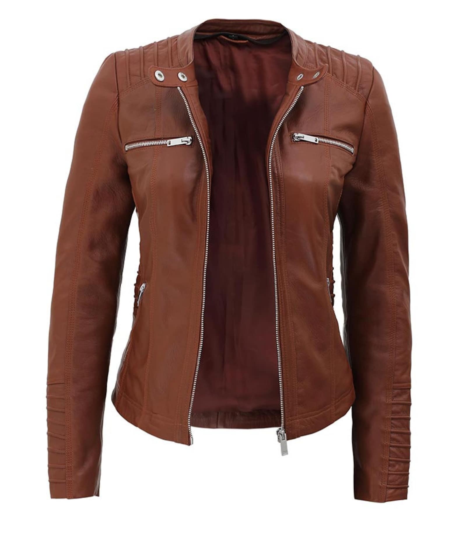 Womens Brown Cafe Racer Leather Jacket With Removable Hood | Etsy