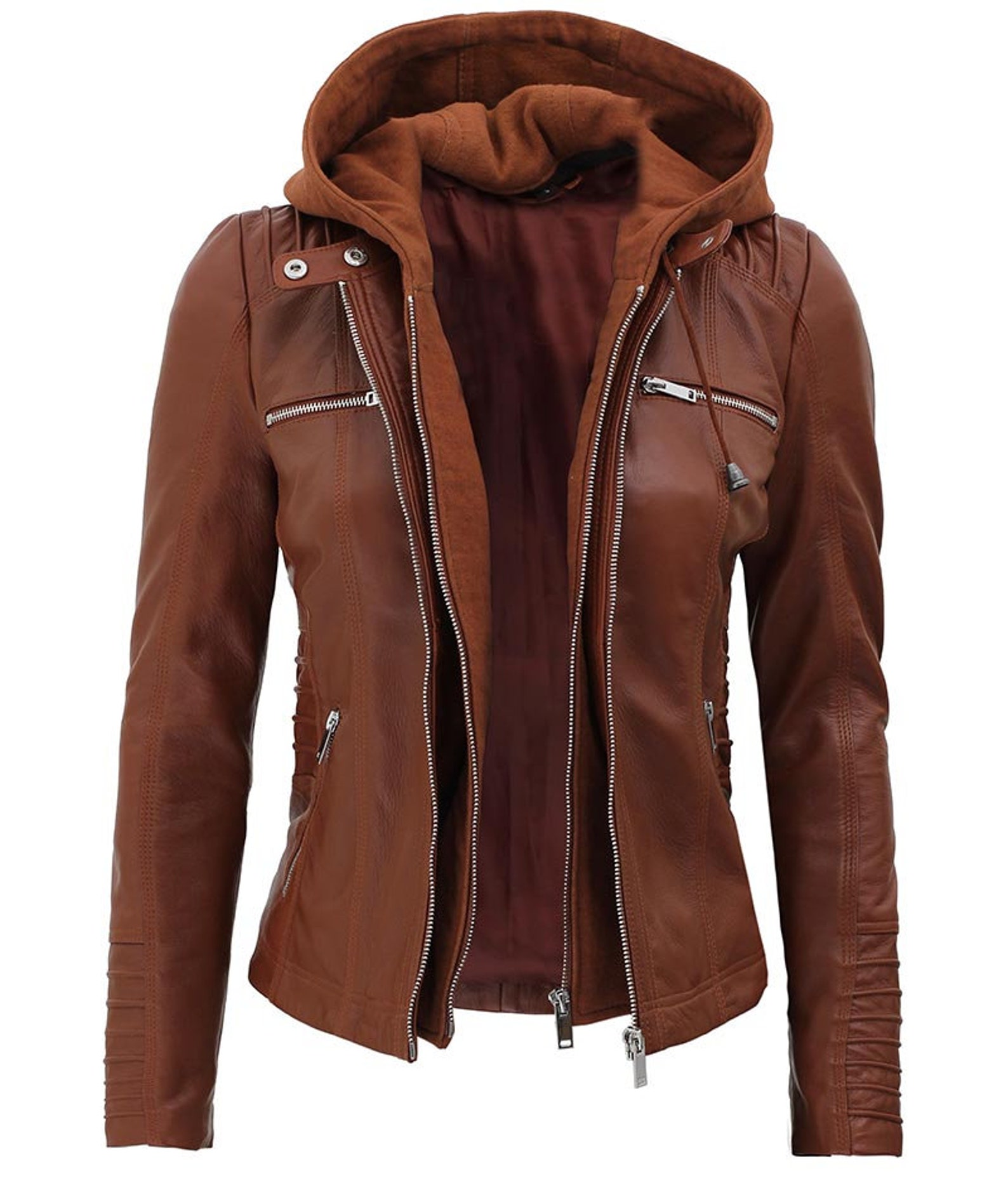 Womens Brown Cafe Racer Leather Jacket With Removable Hood | Etsy