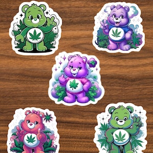 2" Care Bear Potleaf Stickers – Vinyl Decals – Stoner Aesthetic – Marijuana Leaf Design – Cute Cartoon Bears – Laptop, Water Bottle Decor