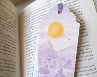 Handmade, Hand Painted, Watercolour Bookmark with Lilac Tassel. Ideal for a book Lover. A Woodland Design in Lilac with Lemon Moon.