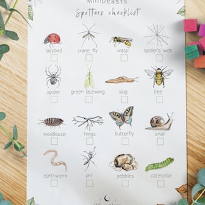 Minibeast Checklist,  Nature Walk Scavenger Hunt, Primary, E.Y.F.S, Toddler, Watercolour illustrations, DIGITAL DOWNLOAD Printable