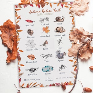 Lista de verificación de caminata por la naturaleza de otoño Búsqueda del tesoro, Primaria, E.Y.F.S, Niño pequeño, Ilustraciones en acuarela, DESCARGA DIGITAL Imprimible