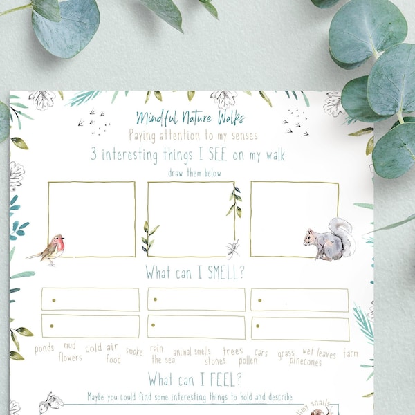 Mindfulness in Nature Walk, Senses Activity Printable / Checklist / worksheet , Outdoor activity, DIGITAL DOWNLOAD Printable