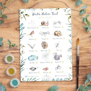 Lista de verificación de caminata por la naturaleza de invierno Búsqueda del tesoro, Primaria, E.Y.F.S, Niño pequeño, Ilustraciones en acuarela, DESCARGA DIGITAL Imprimible