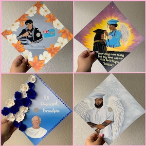 May include: Four graduation caps featuring custom painted designs. One shows a person with the Fiji flag and orange flowers. Another depicts an angel with a graduate and text. A third has blue and white paper flowers with text. The last shows an angel with text.