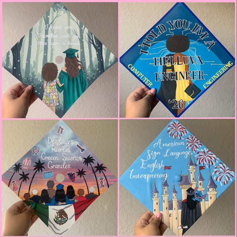 May include: Four square graduation caps decorated with custom painted designs. One features a forest scene with text, one shows a computer engineer with text, one displays a Mexican flag theme with text, and one depicts a castle with fireworks and text.