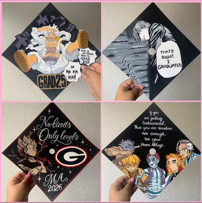 May include: Four square graduation caps decorated with anime-themed illustrations and text. Designs include a laughing character with 'GRAD25', a character with 'THAT'S RIGHT. I GRADUATED.', 'No limits Only levels' with 'MA 2026', and characters with 'If you are feeling Disheartened, That you are somehow not enough, Set your Heart Ablaze.'