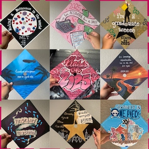 May include: A collection of nine square graduation cap toppers featuring diverse hand-painted designs, including medical laboratory themes, accounting motifs, pop culture references, tropical landscapes, and graffiti-style lettering.
