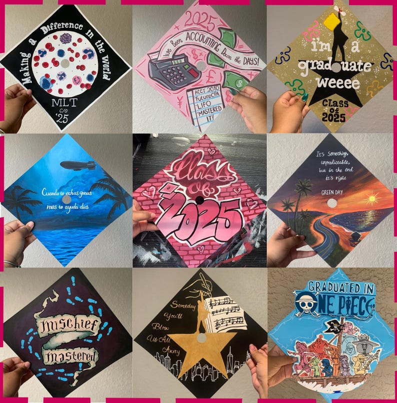 May include: A collection of nine square graduation cap toppers featuring diverse hand-painted designs, including medical laboratory themes, accounting motifs, pop culture references, tropical landscapes, and graffiti-style lettering.