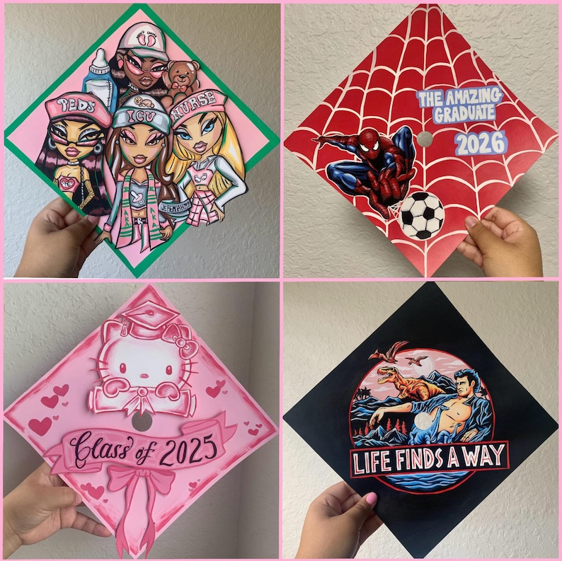 May include: Four square graduation cap toppers featuring diverse designs: one with cartoon characters and medical text, one with a red spiderweb pattern and Spider-Man, one pink with Hello Kitty and Class of 2025, and one black with a dinosaur scene and Life Finds A Way.