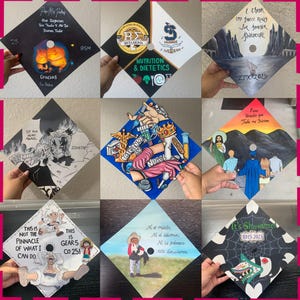 May include: A collection of nine square graduation cap toppers featuring diverse hand-painted designs, including anime characters, medical themes, religious imagery, and personalized text in various colors and artistic styles.