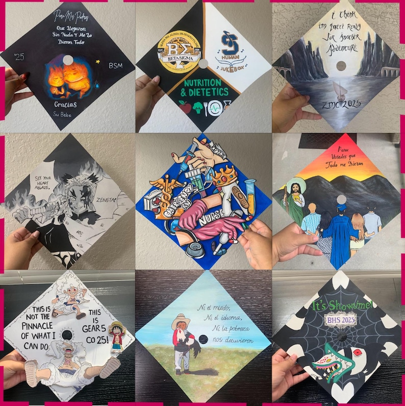 May include: A collection of nine square graduation cap toppers featuring diverse hand-painted designs, including anime characters, medical themes, religious imagery, and personalized text in various colors and artistic styles.