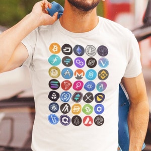 Op de afbeelding: Een man draagt een wit T-shirt met verschillende cryptocurrency-logo's erop gedrukt. Hij draagt een zonnebril en een kaki broek. Hij staat voor een zilveren auto.