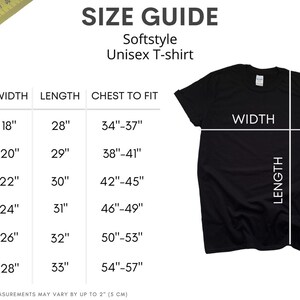 K&ouml;nnte beinhalten: Gr&ouml;&szlig;entabelle f&uuml;r ein Unisex-T-Shirt. Die Tabelle zeigt die Gr&ouml;&szlig;e, Breite, L&auml;nge und Brustweite in Zoll. Die Tabelle enth&auml;lt auch ein schwarzes T-Shirt mit den Bezeichnungen "WIDTH" und "LENGTH".