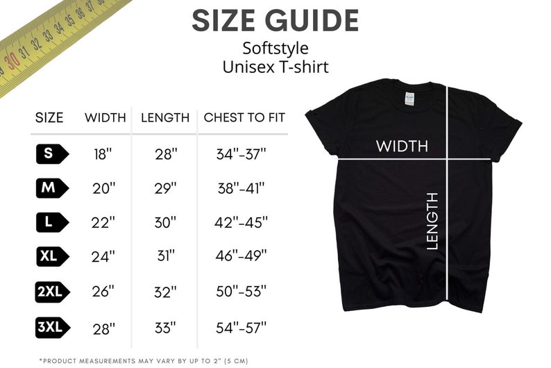 K&ouml;nnte beinhalten: Gr&ouml;&szlig;entabelle f&uuml;r ein Unisex-T-Shirt. Die Tabelle zeigt die Gr&ouml;&szlig;e, Breite, L&auml;nge und Brustweite in Zoll. Die Tabelle enth&auml;lt auch ein schwarzes T-Shirt mit den Bezeichnungen "WIDTH" und "LENGTH".