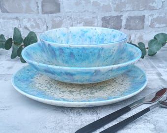 Hand Painted Stoneware Dinnerware Set: Crystal Blue, Purple & White