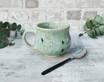 Hand-Painted Moss Green Stoneware Mug: Forest Blue Gems, 10.5 oz