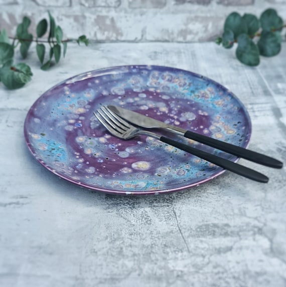Purple Galaxy Plate, Blue Speckled Platter, Stoneware Ceramic