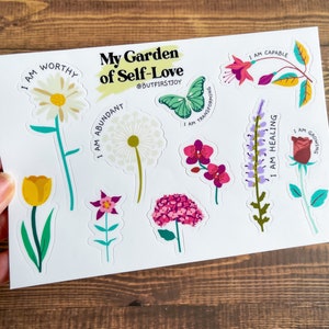 Folha de adesivos de afirmações de flores, afirmações de jardinagem, folha de adesivos de jardim, adesivos de primavera, adesivos de verão, adesivos de amor próprio
