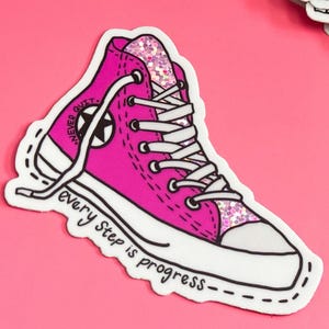 Fortschritt Spruch Aufkleber: Pink Glitter Sneaker, Inspiration Geschenk
