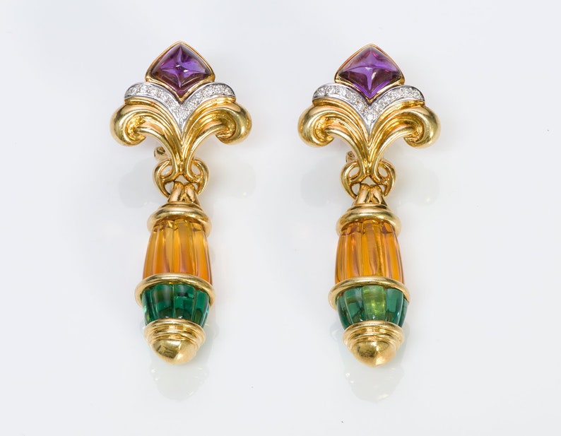 Vintage 18K Gold Diamond Citrine Tourmaline /& Amethyst Earrings Detachable Drops