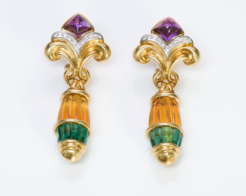 Vintage 18K Gold Diamond Citrine Tourmaline /& Amethyst Earrings Detachable Drops