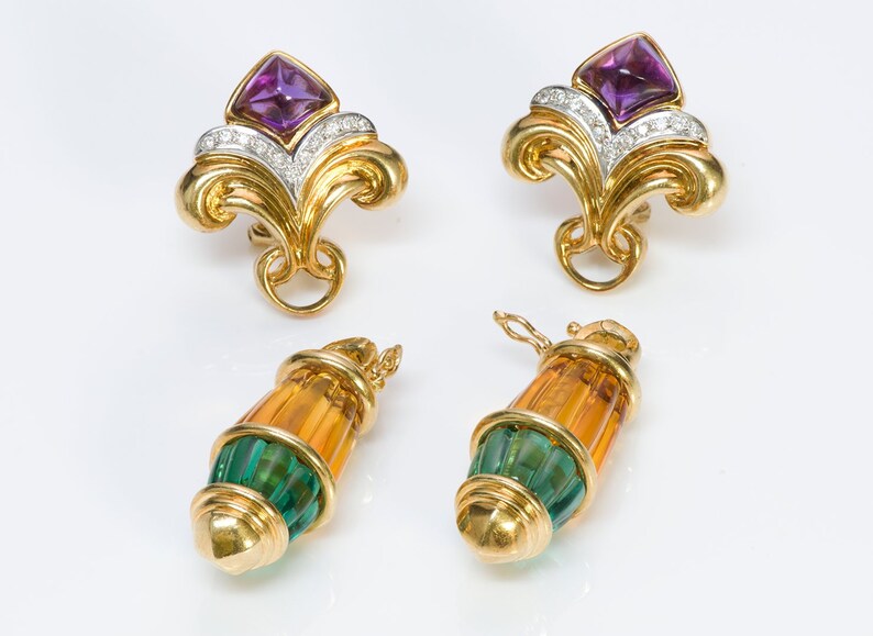Vintage 18K Gold Diamond Citrine Tourmaline /& Amethyst Earrings Detachable Drops