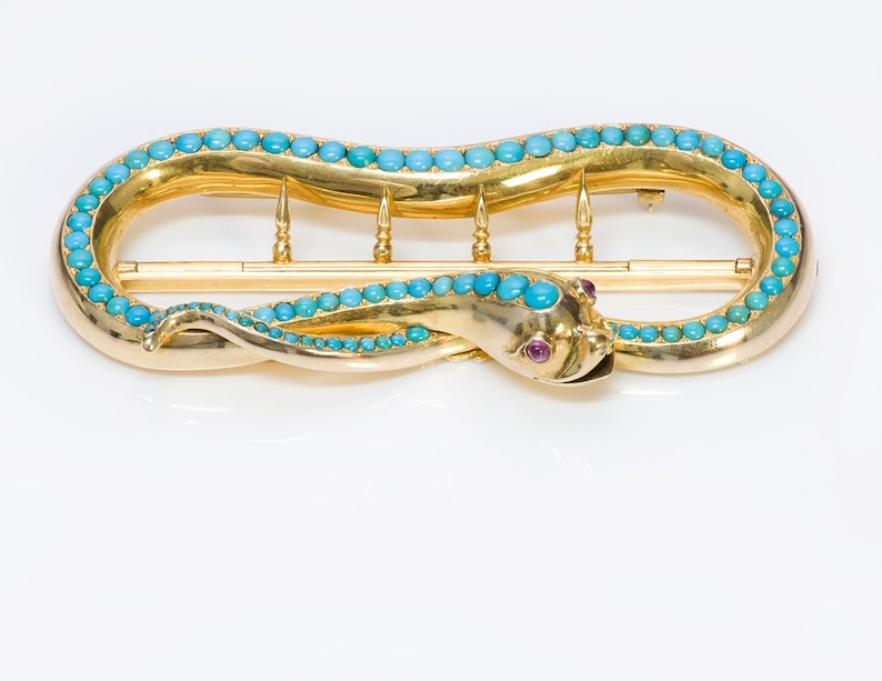 Antique Victorian Gold Snake Ruby Turquoise Buckle Pin