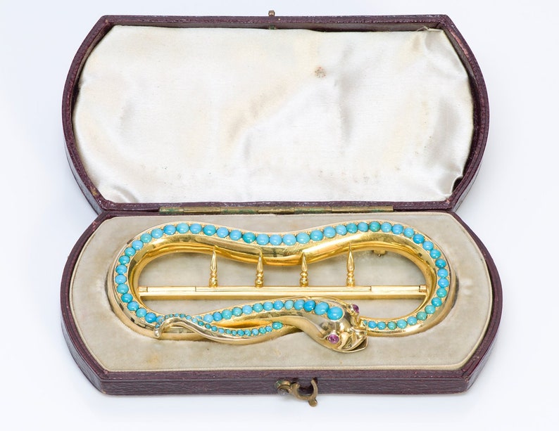 Antique Victorian Gold Snake Ruby Turquoise Buckle Pin
