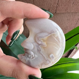 Druzy Flower Agate Moon Face // Crescent Moon Carving // Flower Agate Carving // Druzy Agate Carving // Crystal Moon Carving