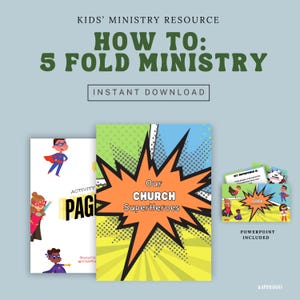 May include: A digital resource for kids' ministry. The image features a comic book style cover with the text "Our CHURCH SuperHeroes". The resource includes an activity page and a PowerPoint presentation. The title reads "HOW TO: 5 FOLD MINISTRY".