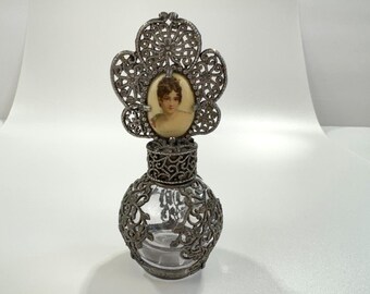 Glass Perfume Bottle Silver Tone Metal Filigree Portrait Cabochon Art Nouveau