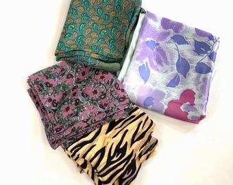 Lot of 4 Assorted Scarves Bandanna Silky Sheer Paisley Animal Print Floral