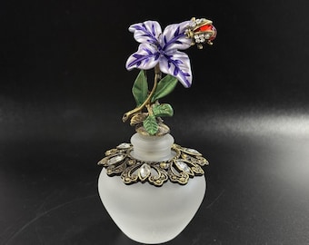 Frosted Perfume Bottle With Rhinestone Ladybug on Purple Flower Made of Metal 4&quot;
