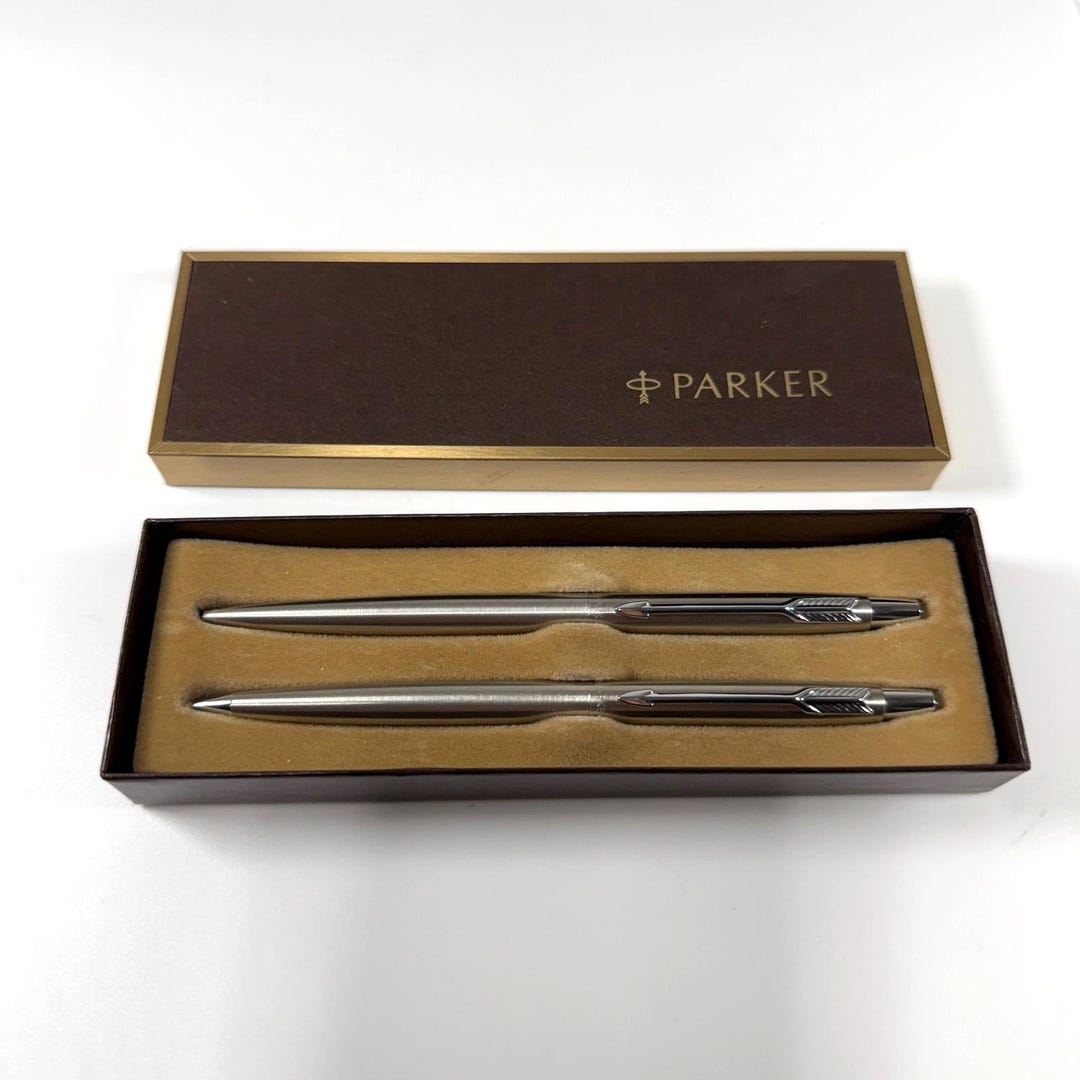 Vintage Parker Pen and Mechanical Pencil Set in Bown Box Silver Tone ...