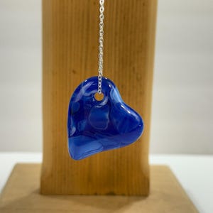 Fused Glass Art Heart Pendant Blue Necklace Silver Tone Chain Handmade 1.75&quot;