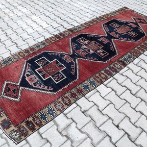 Vintage Turkish Runner Rug 3.9x10.5 ft – Handwoven Tribal Medallion Wool Carpet – Boho Rustic Hallway Rug – Deep Red and Navy rug 4x11