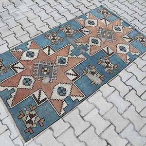 3.2x6.0 Blue Turkish Vintage Small Area Rug, 3x6 Anatolian Handwoven Rug, Geometric Decor Carpet, Boho Hallway Area Rug, 3x6 Oushak Rug, Rug