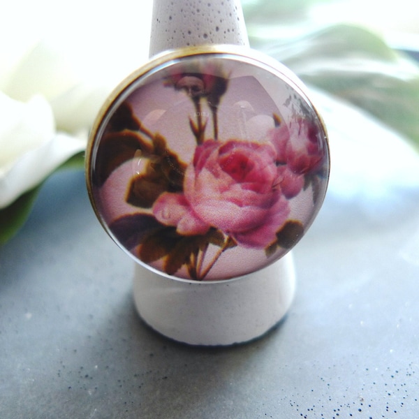 Bague roses vintage, romantique, réglable, bronze, cabochon en verre, bijou artisanal, Fête des Mères, anniversaire, cadeau pour elle