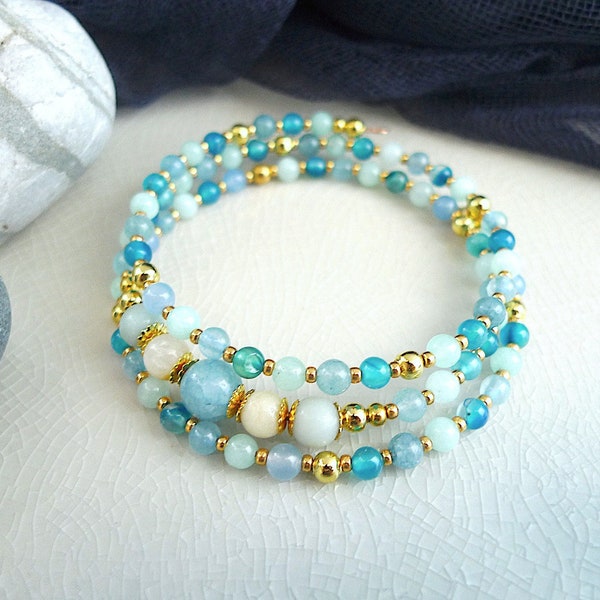 Bracelet estival pierre bleue, bracelet mémoire de forme, ajustable, amazonite, aigue-marine, bijou artisanal, style boho, cadeau pour elle