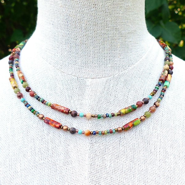 Collier bohème multicolore à deux rangs de perles, jaspe impérial, agates, turquoise, perles Miyuki, cuivre, artisanal, cadeau pour elle