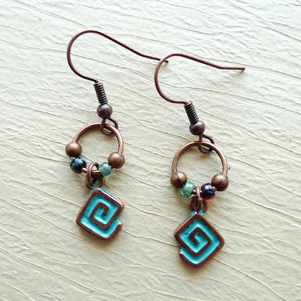 Boucles d'oreilles en cuivre, boho gypsy, patine bleue, perles miyuki, bijoux artisanaux, anniversaire, cadeau pour elle