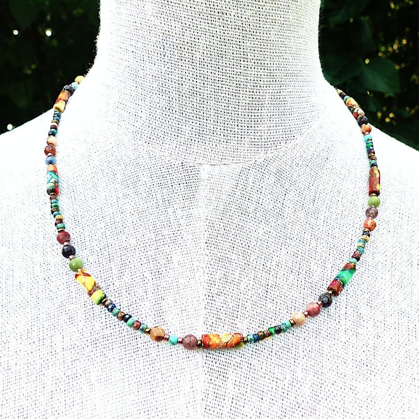 Collier bohème multicolore, gipsy, boho, jaspe, turquoise, agate, cuivre, perles Miyuki, bijou artisanal, cadeau pour elle