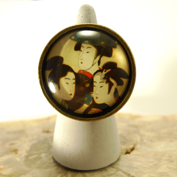 Grande bague en bronze - cabochon de verre - ajustable - femmes japonaises - estampe japonaise