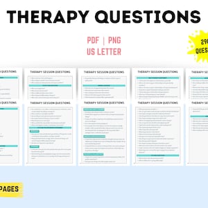 May include: A printable PDF and PNG download of 19 pages of therapy session questions. The document is formatted for US Letter size paper. The document contains over 290 questions to help guide therapy sessions.