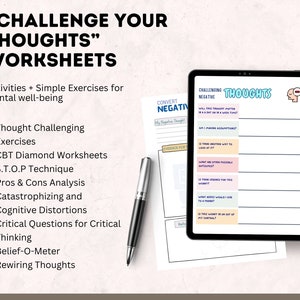 Cognitive Behavioral Therapy Worksheets, CBT Therapy, Negative Thought Challenging Worksheets, Mental Health Exercises, Thought Processing, Cognitive Distortions Exercises for Mental Health, S.T.O.P Technique to Challenge Unhelpful Thinking Pattern