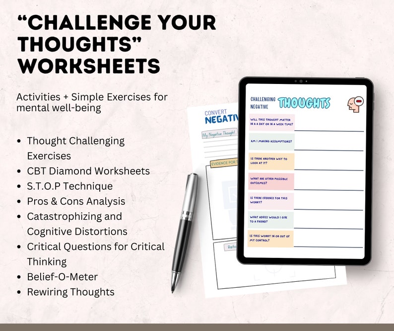Cognitive Behavioral Therapy Worksheets, CBT Therapy, Negative Thought Challenging Worksheets, Mental Health Exercises, Thought Processing, Cognitive Distortions Exercises for Mental Health, S.T.O.P Technique to Challenge Unhelpful Thinking Pattern