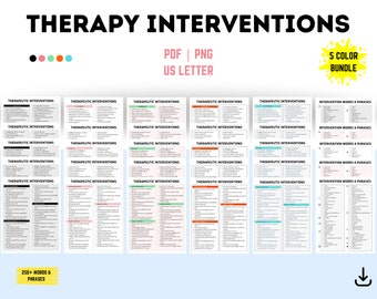 Therapy Intervention List Bundle, Therapeutic Intervention Words Phrases Bundle Cheat Sheet Therapist Documentation Tools Clinical Reference