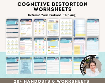 Cognitive Distortions Therapy Worksheets, Challenge Unhelpful Thinking Styles, Psychology, Coping Skills, bpd, DBT, CBT, Anxiety Tools