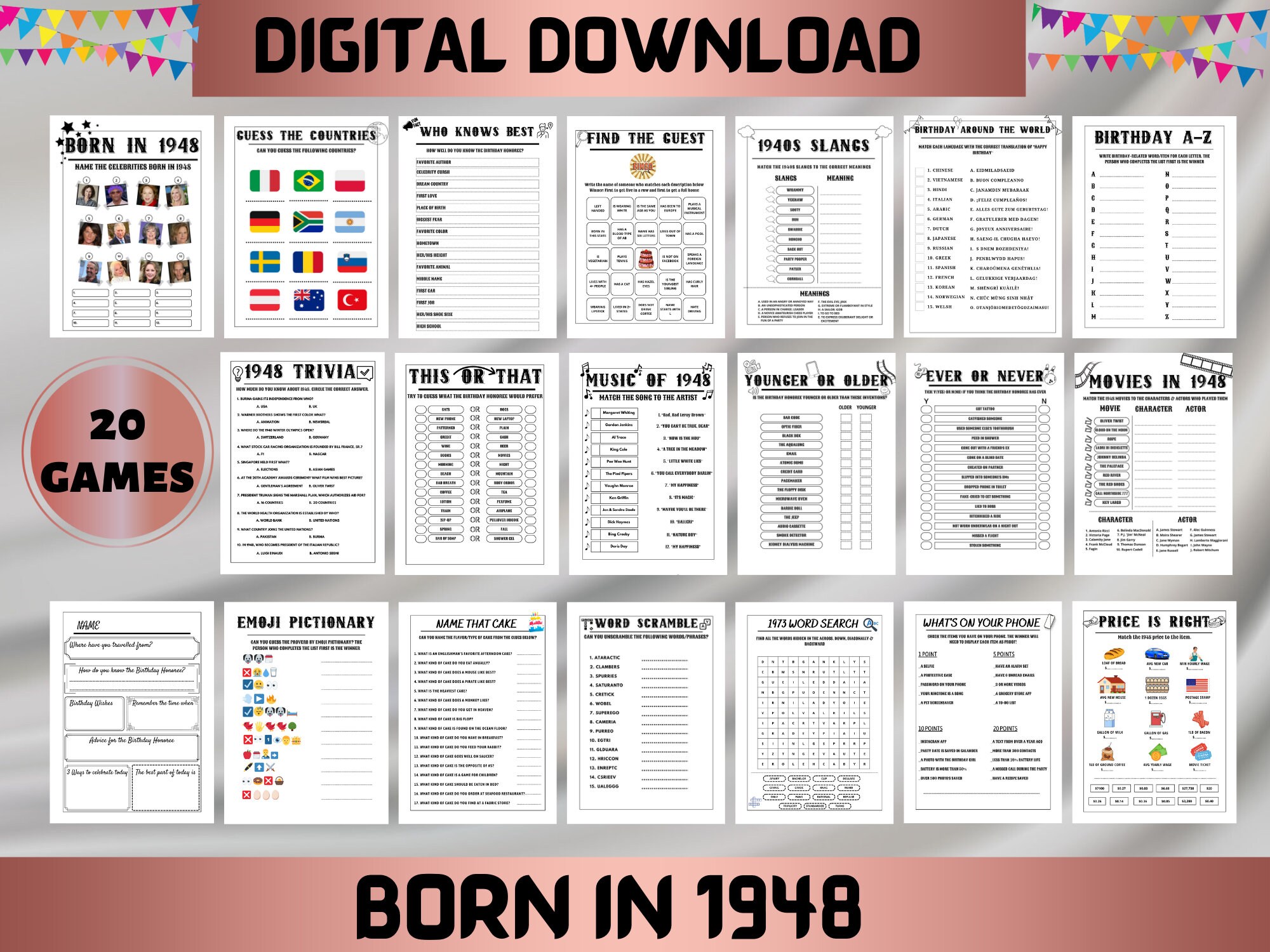 Printable 75th Birthday Party Game, Born in 1948 Birthday 20 Games